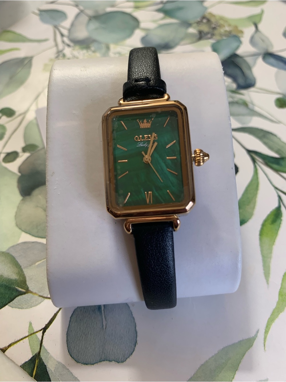 OLEVS Green Dial Gold-Tone Case Black Leather Strap Women's Watch